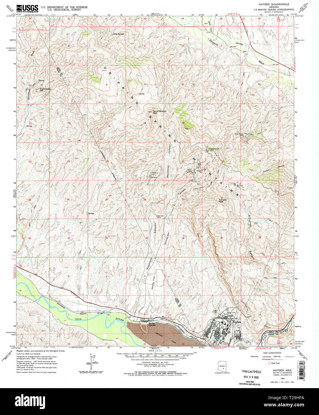 USGS TOPO Map Arizona AZ Hayden 311702 1964 24000 Restoration Stock Photo