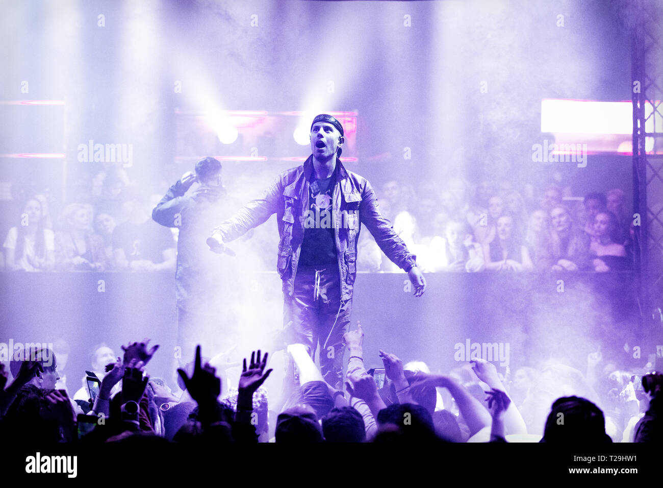 Norway, Oslo - March 29, 2019. The Norwegian rap duo Karpe performs a live concert at Rockefeller in Oslo. The duo consists of the two rappers Magdi Omar Ytreeide Abdelmaguid (pictured) and Chirag Rashmikant Patel. (Photo credit: Gonzales Photo -Terje Dokken). Stock Photo