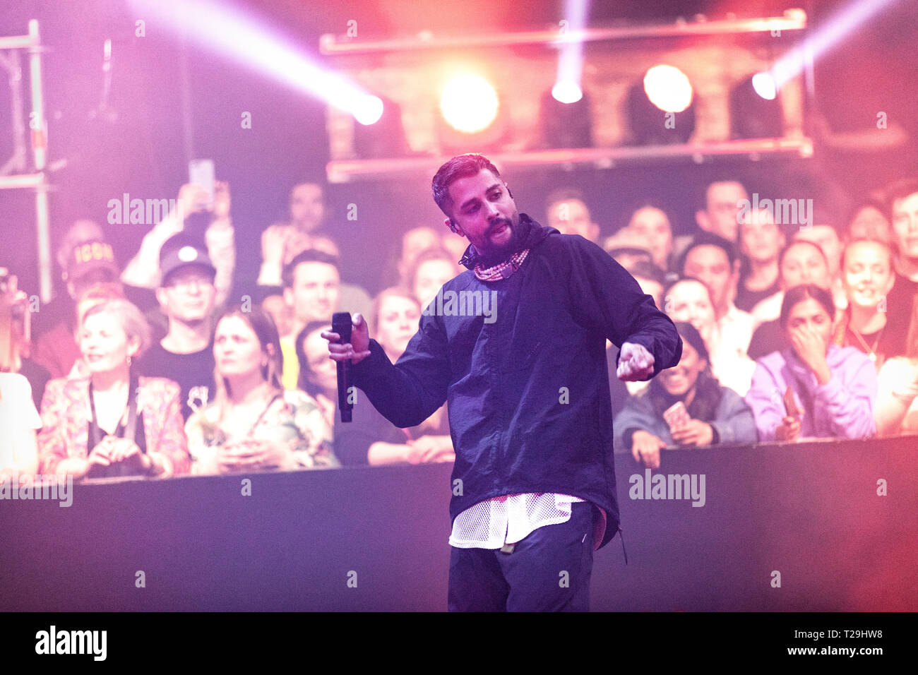 Norway, Oslo - March 29, 2019. The Norwegian rap duo Karpe performs a live  concert at Rockefeller in Oslo. The duo consists of the two rappers Magdi  Omar Ytreeide Abdelmaguid and Chirag