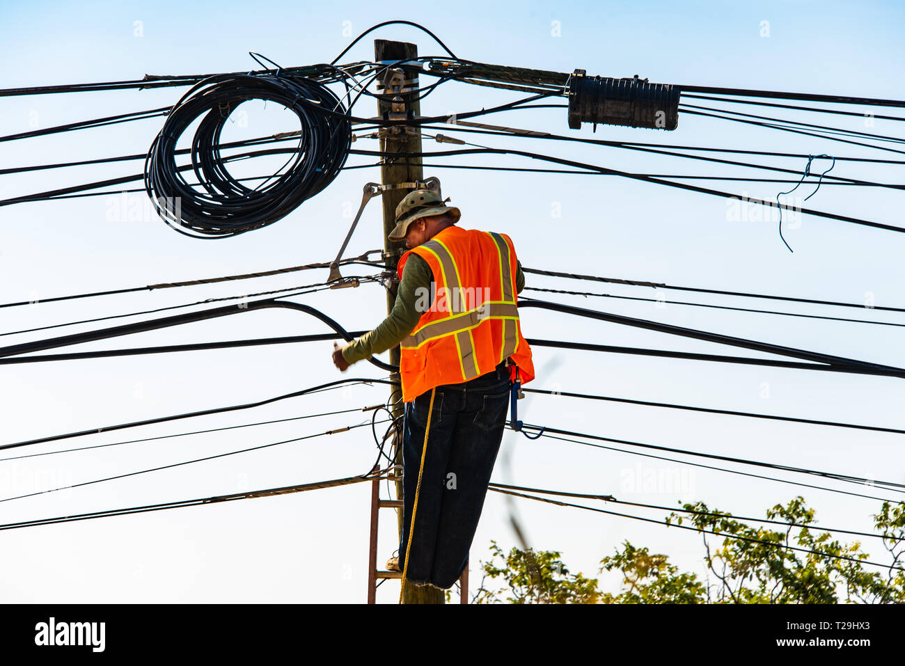 Electrical Lineman at work Stock Photo Alamy