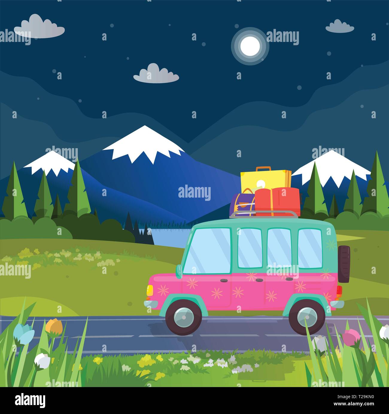 Family Travel by Hatchback Car at Highland. Holiday Trip, Journey at Nature with Luggage. Traveling Vacation. Tourist Transport on Road. Night Traveli Stock Vector