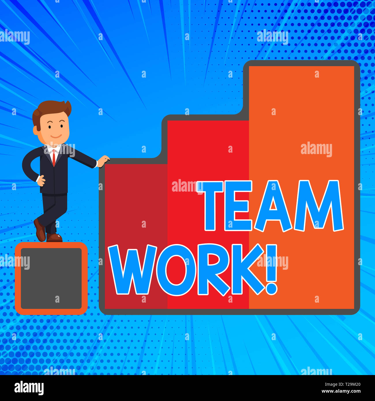 Handwriting text writing Team Work. Conceptual photo combined action of group especially when effective and efficient Happy Businessman Presenting Gro Stock Photo