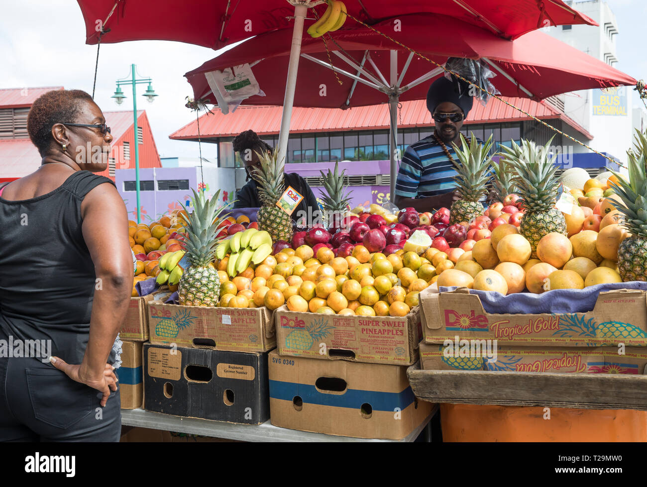 Fruit and vegetable stall in Bridgetown, the capital of Barbados Stock