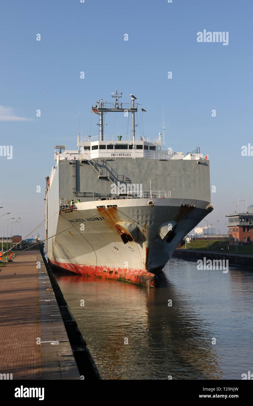 The car carrier Malacca Highway is on 17 February 2019 in the port lock of Emden. Stock Photo