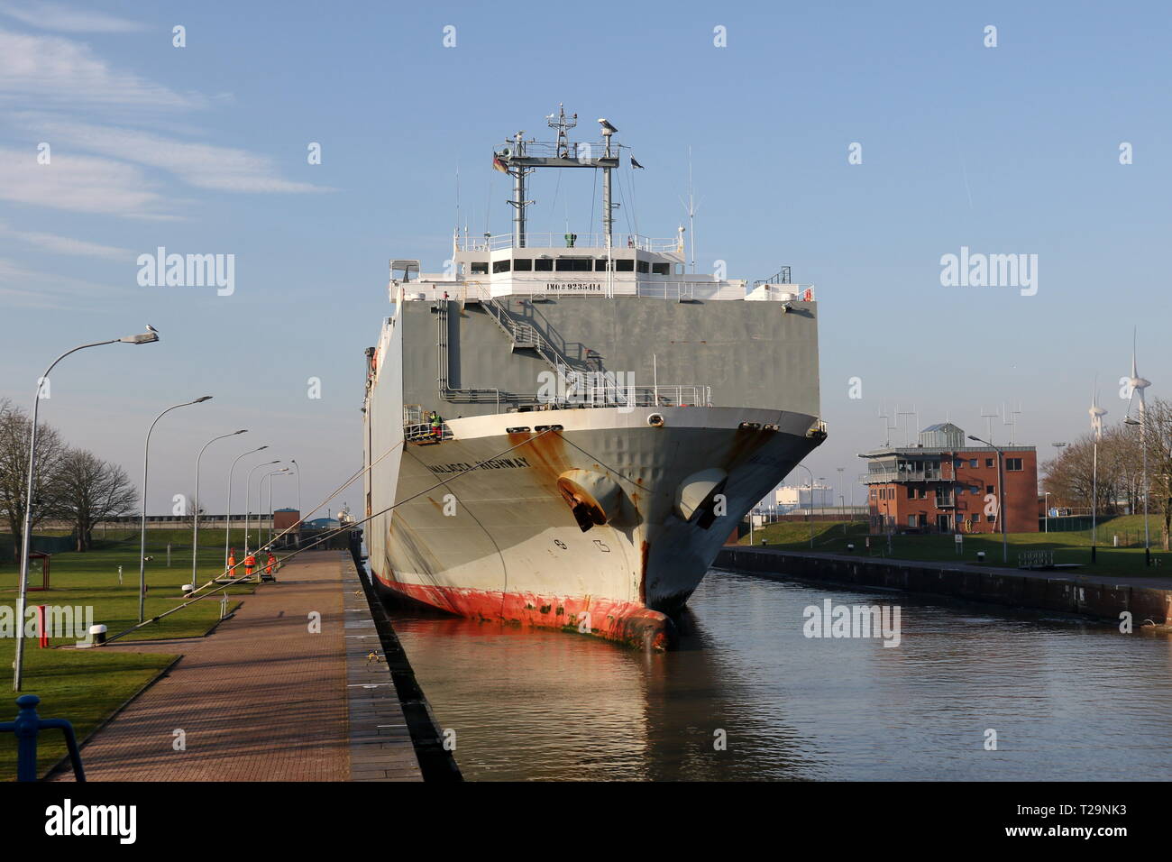 The car carrier Malacca Highway is on 17 February 2019 in the port lock of Emden. Stock Photo