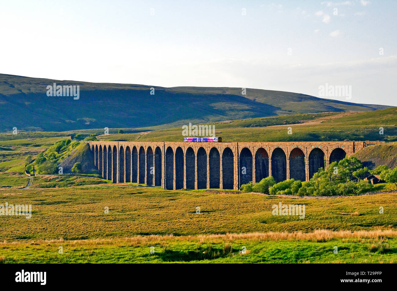 Train crossing the Ribblehead Viaduct over Batty Moss the Yorkshire Dales Railway England Stock Photo