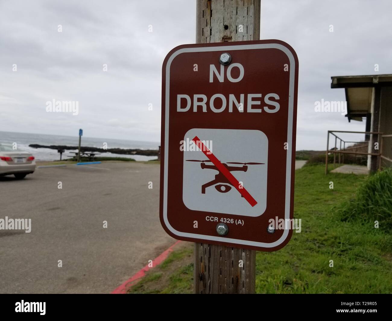Close-up of sign reading No Drones, with a graphic of a drone Unmanned Aerial Vechicle (UAV) crossed out and a reference to California law CCR 4326, at Bean Hollow State Beach, Pescadero, California, March 4, 2019. () Stock Photo