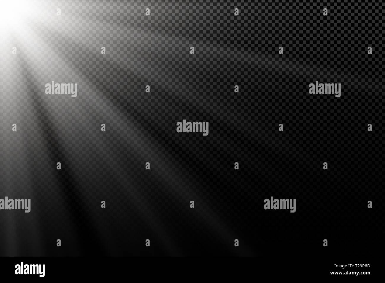 Stylish white light effect on transparent dark background. White rays ...