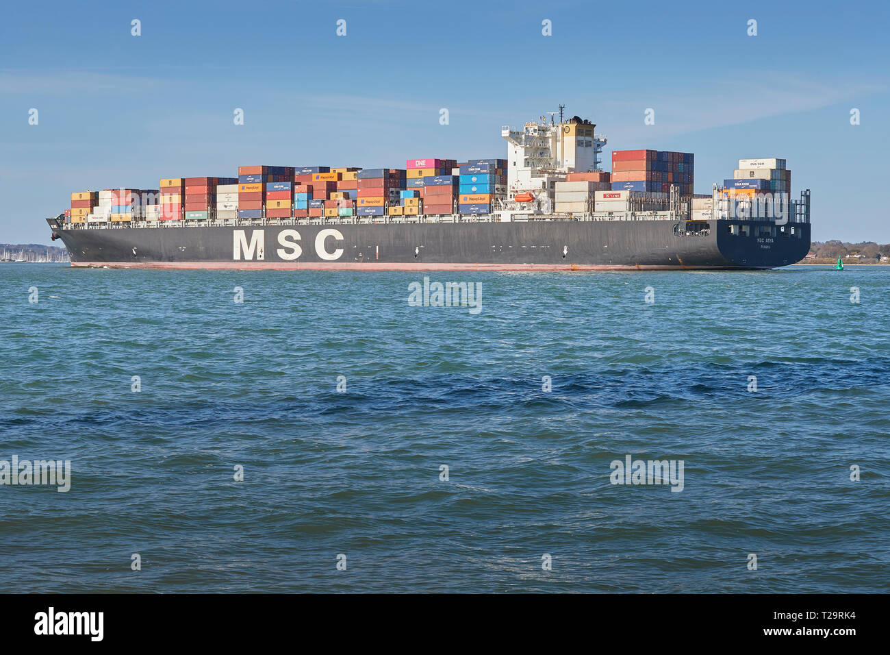 The Container Ship, MSC ASYA, Steaming In The Deep Water Channel As She Approaches The Port Of Southampton, UK. 25 March 2019. Stock Photo