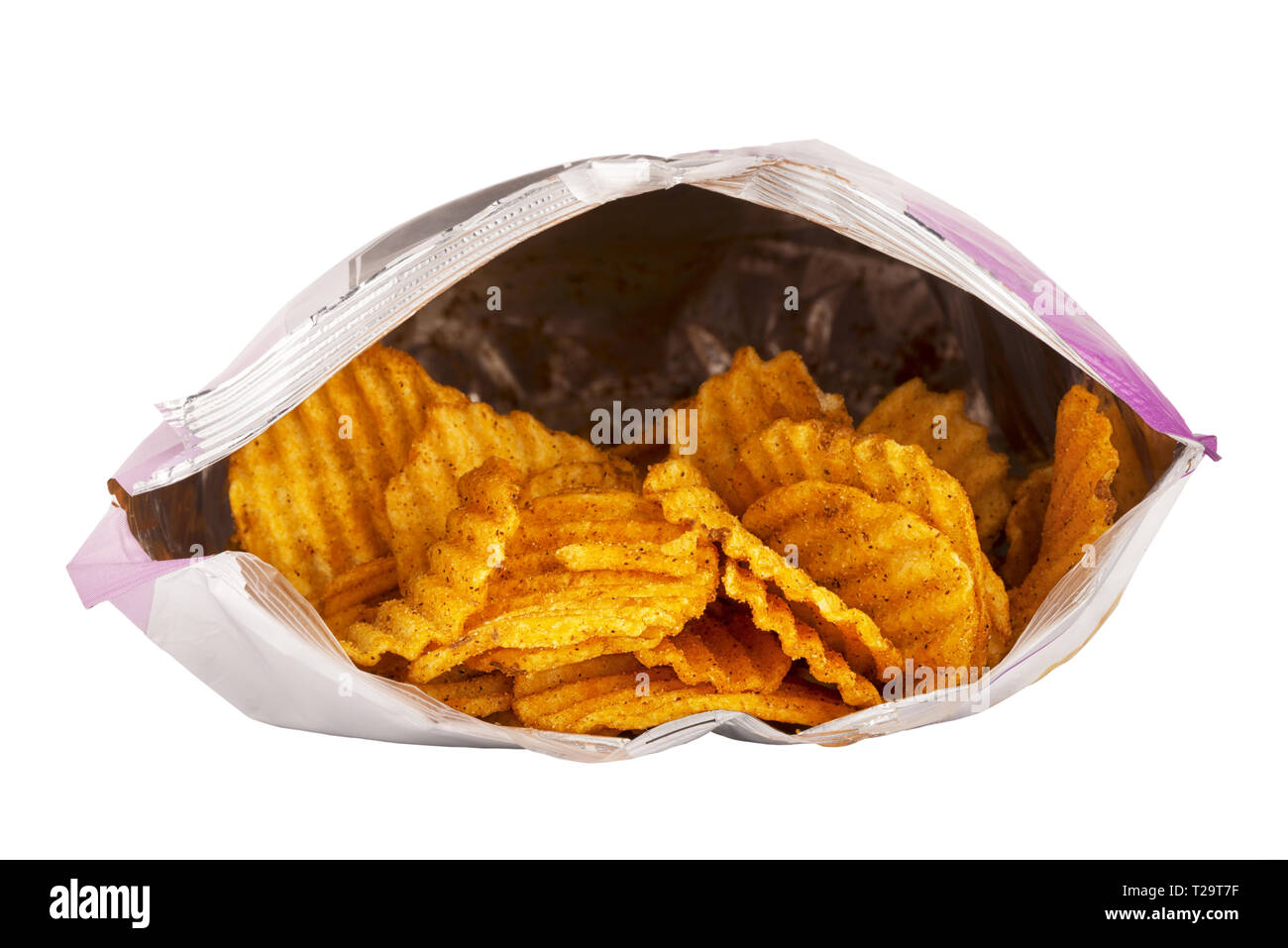 Front view of an opened bag of potato chips isolated on white background. Cut out Stock Photo