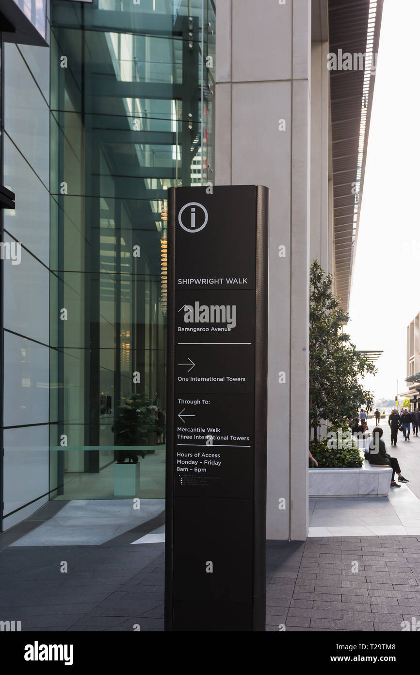 Signage outside a commercial office building along Barangaroo pedestrian walkway, Shipwright Walk, Sydney, Australia. Stock Photo