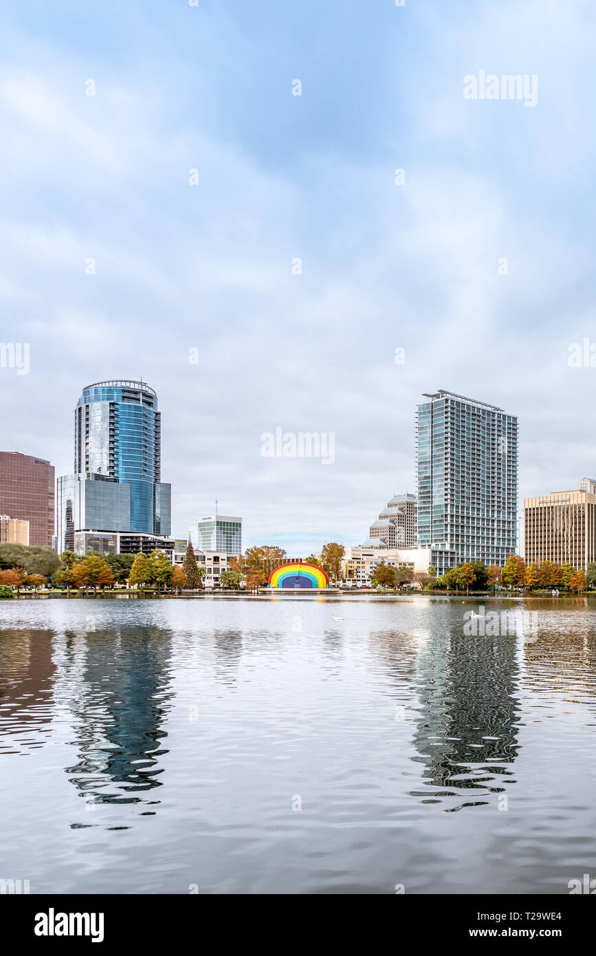 ORLANDO, FLORIDA, USA - DECEMBER, 2018: Eola Lake Park, popular destination for festivals, concerts, fundraising walks and even weddings, located at D Stock Photo