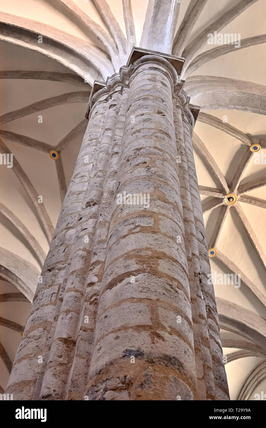 Gothic column and ceiling arches, Gothic architecture detail Stock