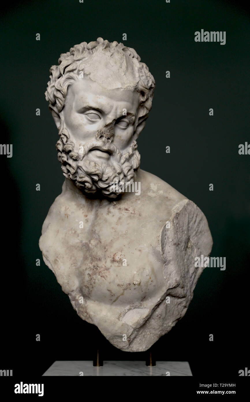 Herakles bust, from Esquiline, Rome. 4th century AD. Carrara marble. Depicting combat with a Nemean lion. Carlsberg Glyptotek. Stock Photo