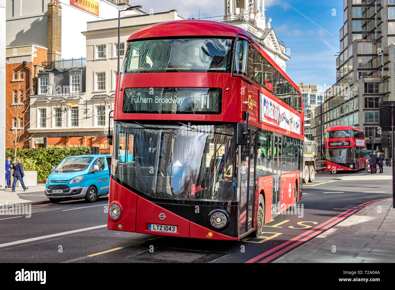 A number 11 London Bus on it's way to Fulham Broadway at Victoria St, London, UK Stock Photo