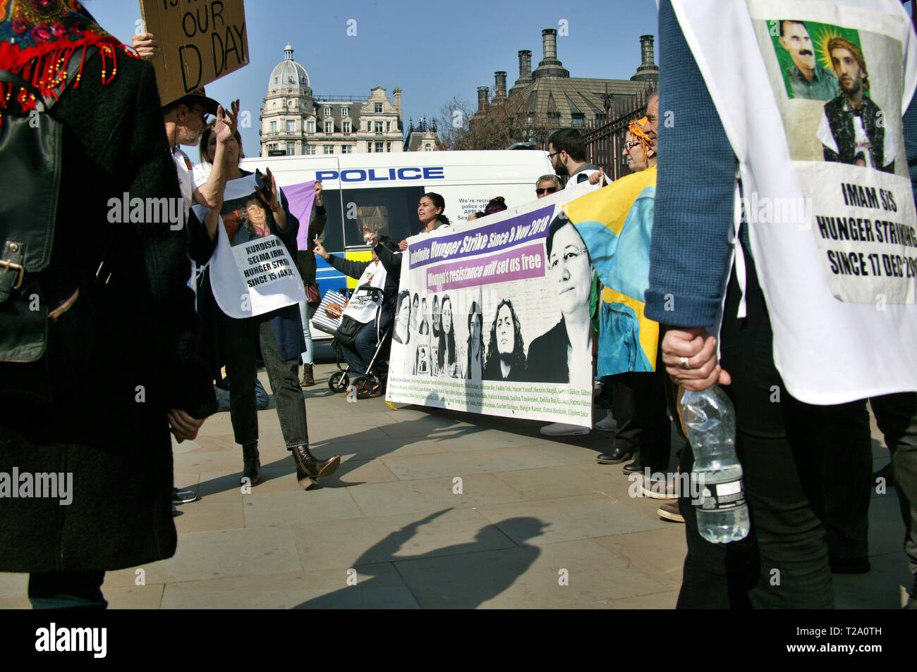 LONDON, UNITED KINGDOM. 29th March 2019, Protesters outside the Houses of Parliament, Westminster to highlight the plight of Turkish Political Prisoner Leyla Guven who is currently on hunger strike in Turkey. © Martin Foskett/Knelstrom Ltd/Alamy Live News Stock Photo