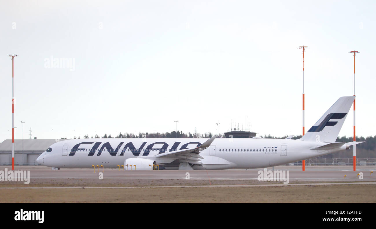 White Finnair's Airbus A350-900 on runway at Helsinki - Vantaa airport. 16.06.2018 Vantaa, Finland Stock Photo