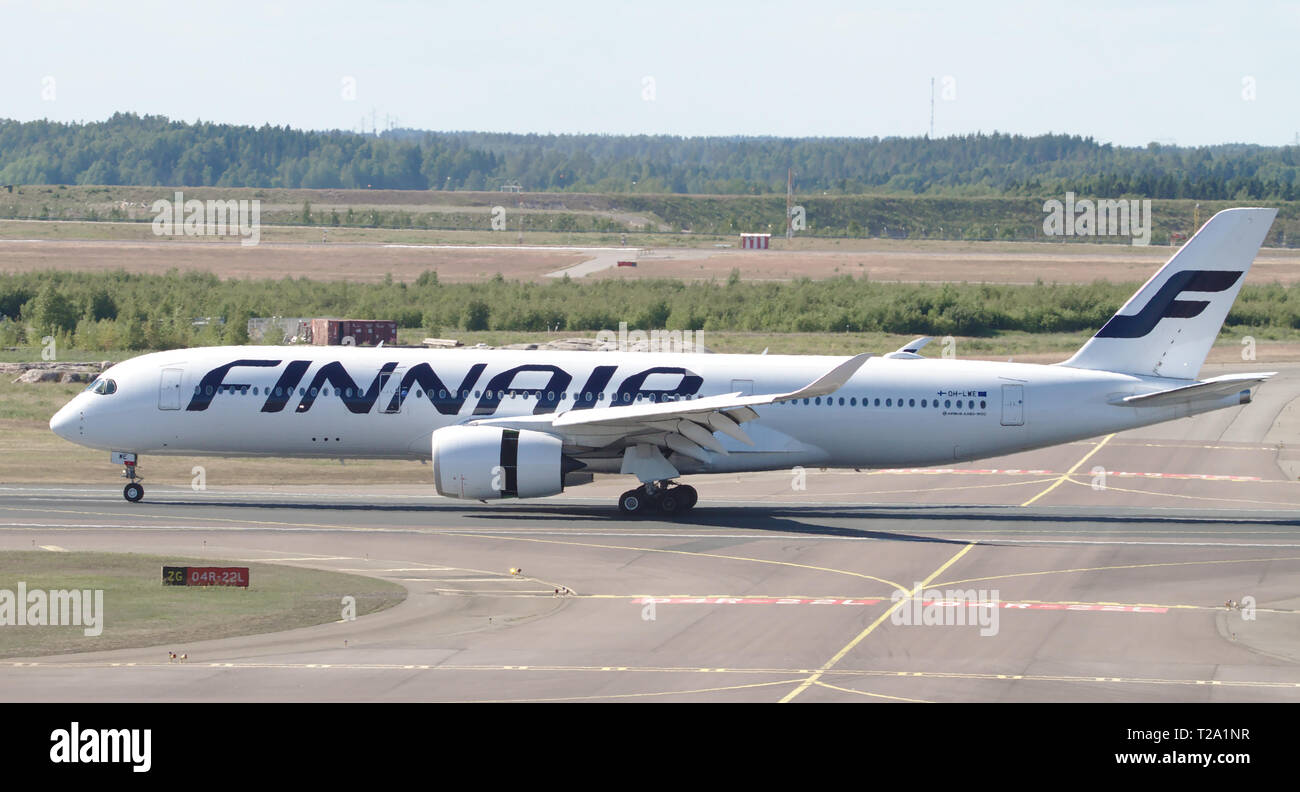 Finnair's Airbus A350-900 on runway at Helsinki - Vantaa airport. 16.06.2018 Vantaa, Finland Stock Photo