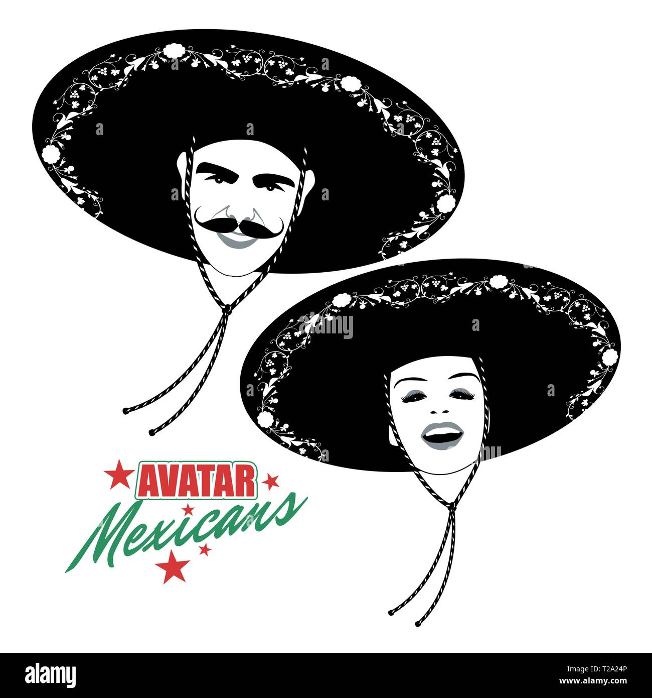 Avatars of man with mustache and pretty woman wearing mexican hat. Retro style. Stock Vector