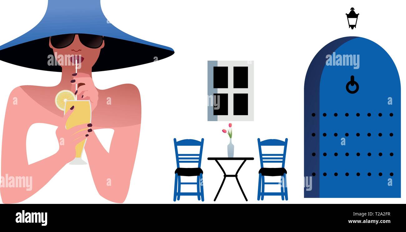 Woman with blue hat and sunglasses, drinking a lemon drink on background of typical mediterranean village. Blue door, window, chairs and table with va Stock Vector