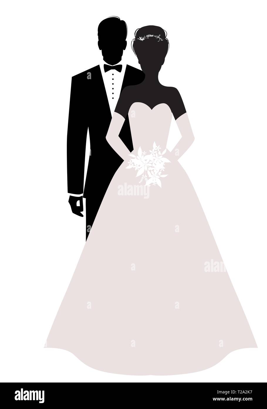 Silhouettes of newlyweds couple wearing wedding clothes. Classic Style. Elegant groom and beautiful bride holding bridal bouquet. Stock Vector
