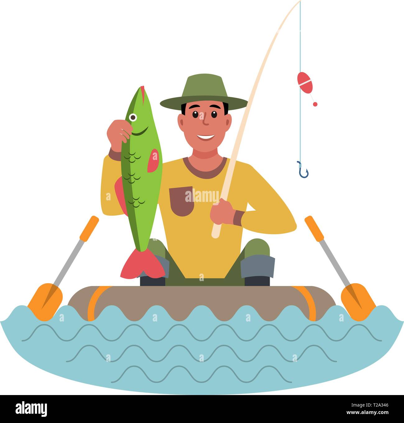 Fisherman in a boat with fish in his hands. Flat style colorful