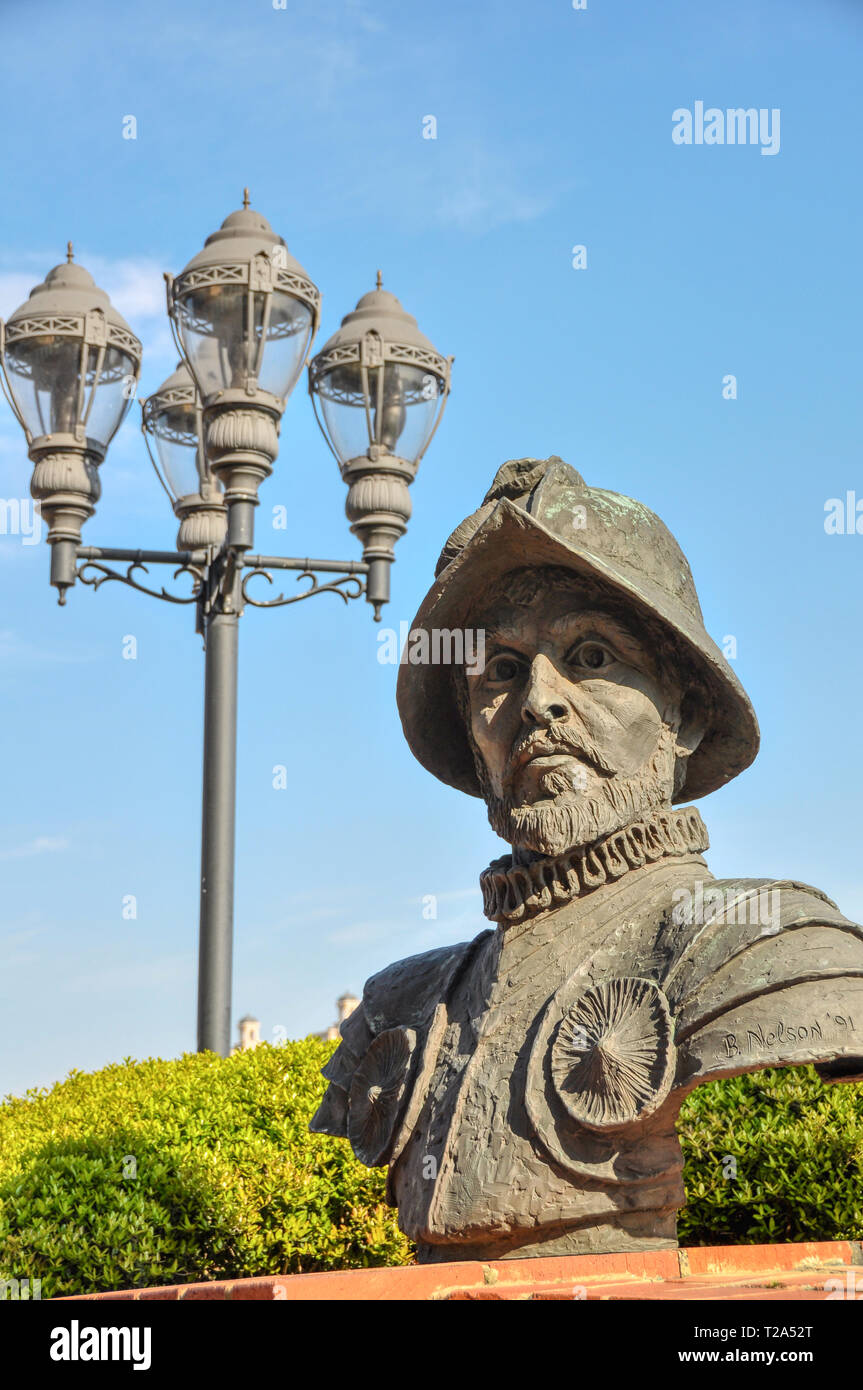 Savannah. Georgia - March 29, 2012: This bronze bust of Hernando de Soto was sculpted by Billy Nelson and is located along the riverfront. Stock Photo