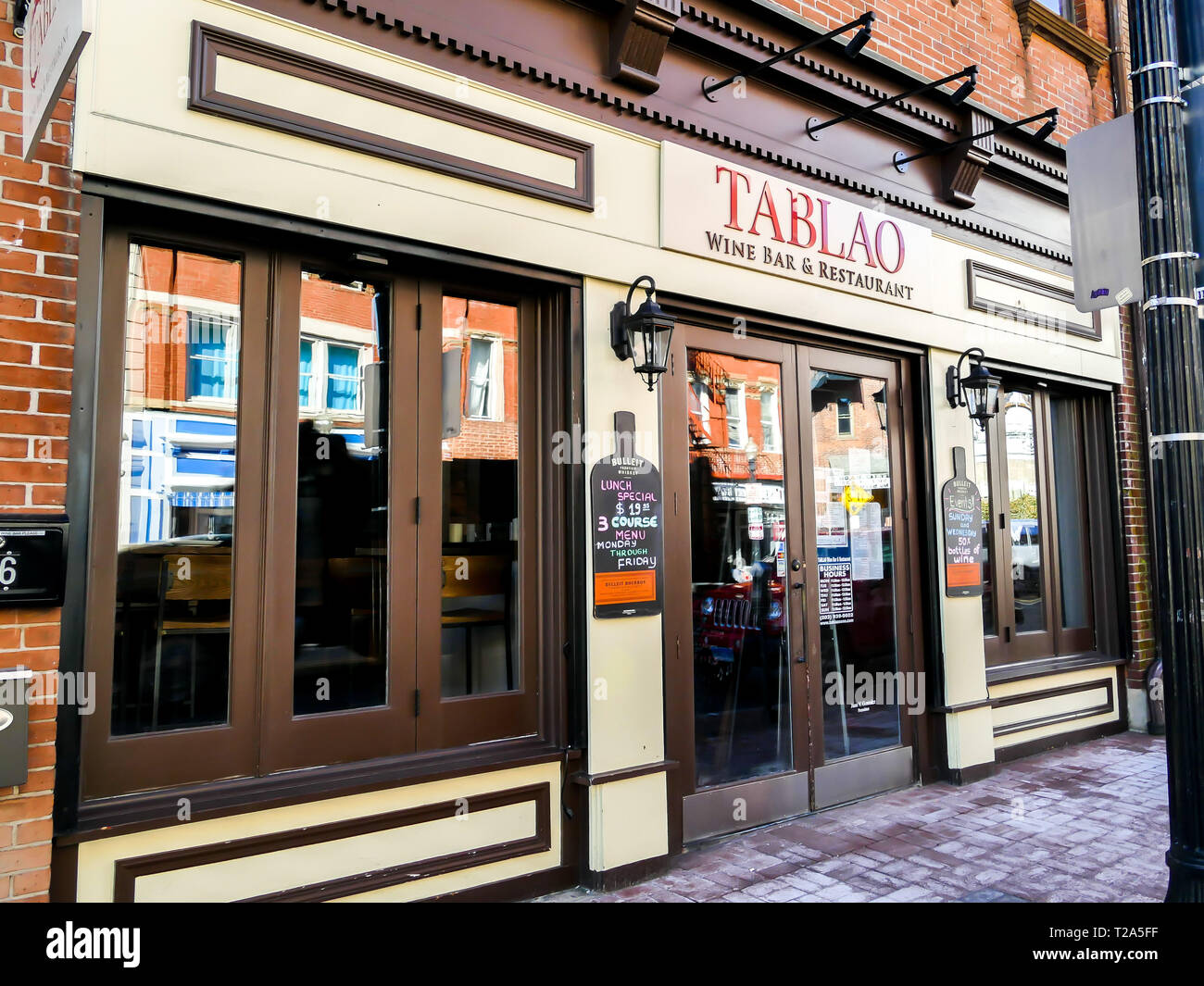 NORWALK, CT, USA MARCH 26, 2019 Tablo wine bar and restaurant sign with entrance on