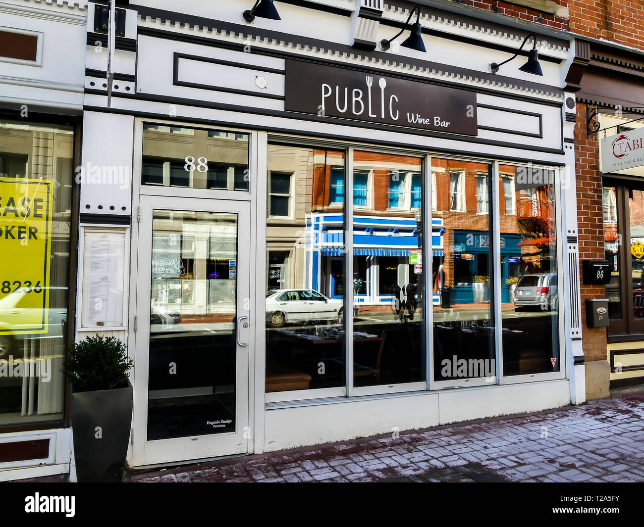 NORWALK, CT, USA MARCH 26, 2019 Public wine bar and restaurant sign with entrance on