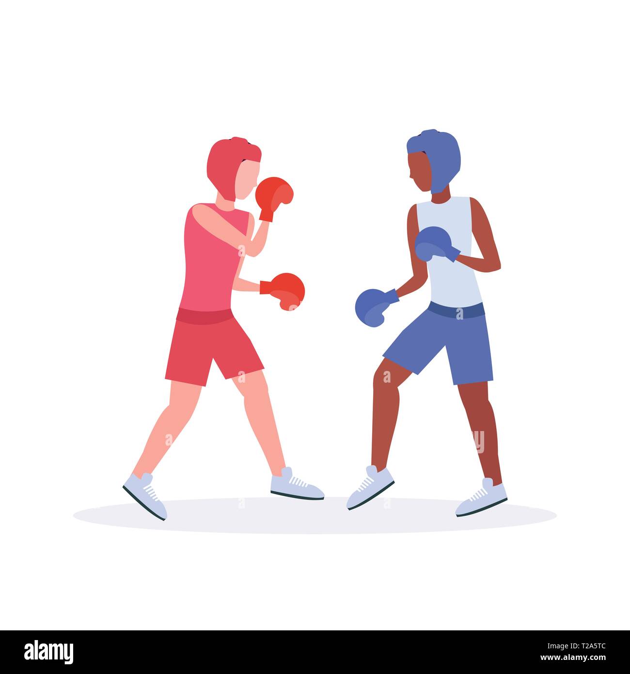 two boxers exercising thai boxing couple mix race fighters in gloves and protective helmets practicing together training concept fight club healthy Stock Vector