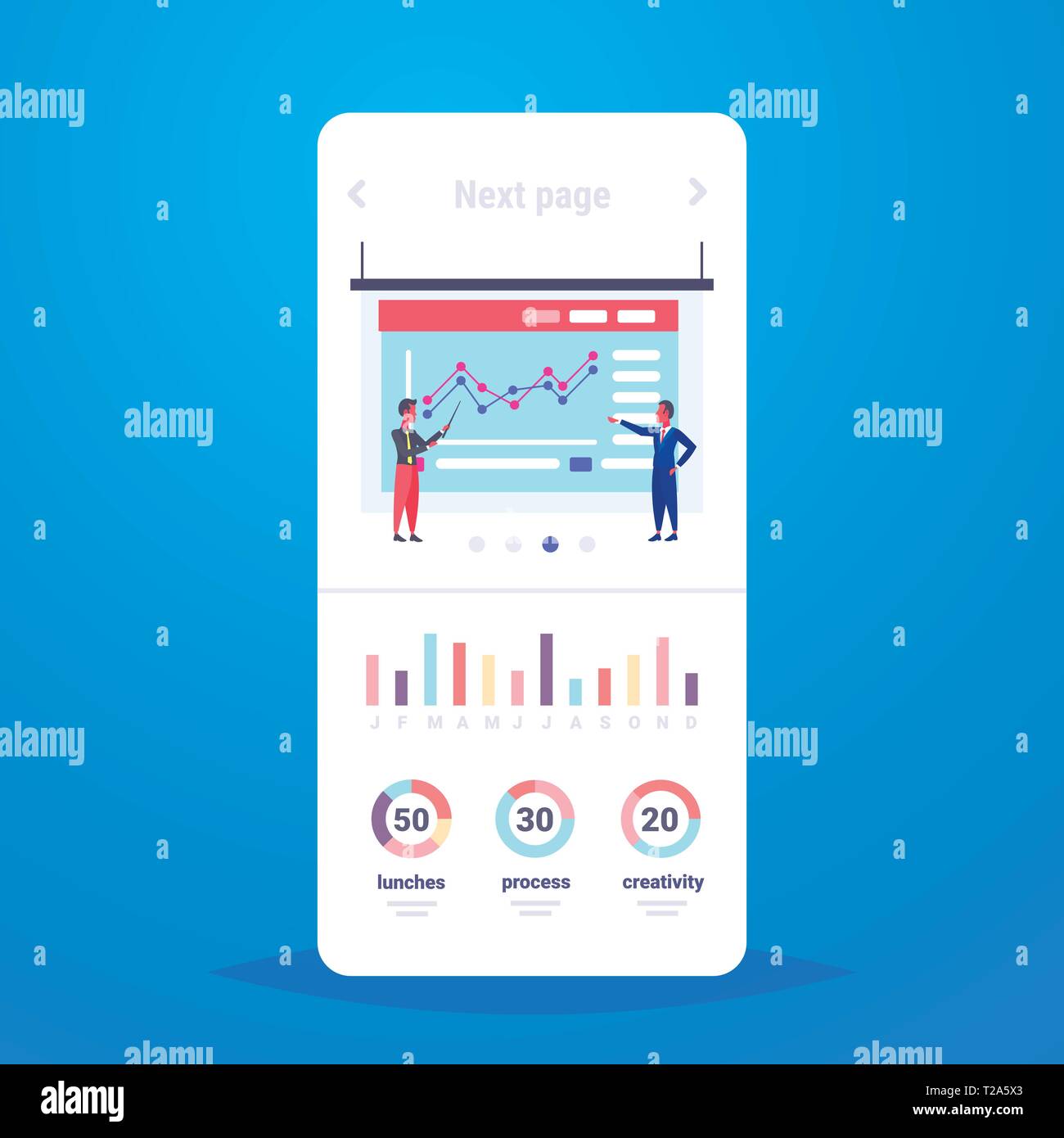 couple businesspeople presenting financial bar growth report statistic ...