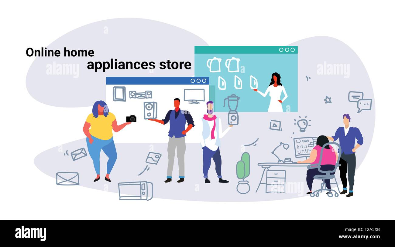 people doing online shopping home appliances shop concept men women