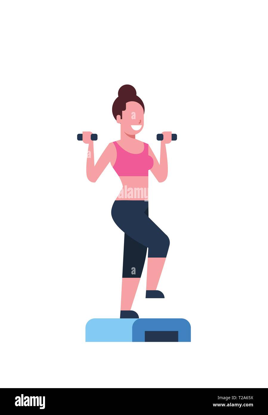 sporty woman holding dumbbells doing squats on step platform girl