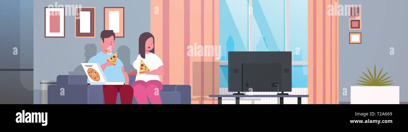 over size couple eating pizza man woman watching tv sitting on couch unhealthy fast food obesity concept modern living room interior portrait flat Stock Vector