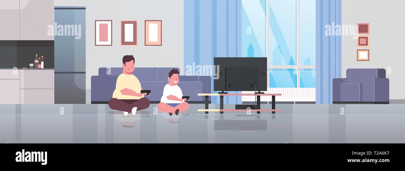 fat obese father with son holding joystick game pad overweight family plying video games on tv screen unhealthy lifestyle concept modern living room Stock Vector