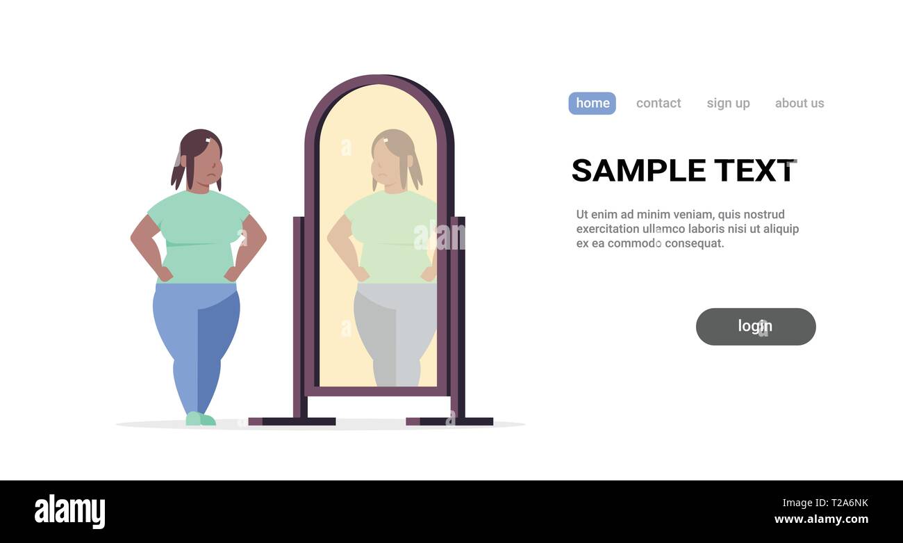 sad overweight woman looking at herself reflection in mirror african