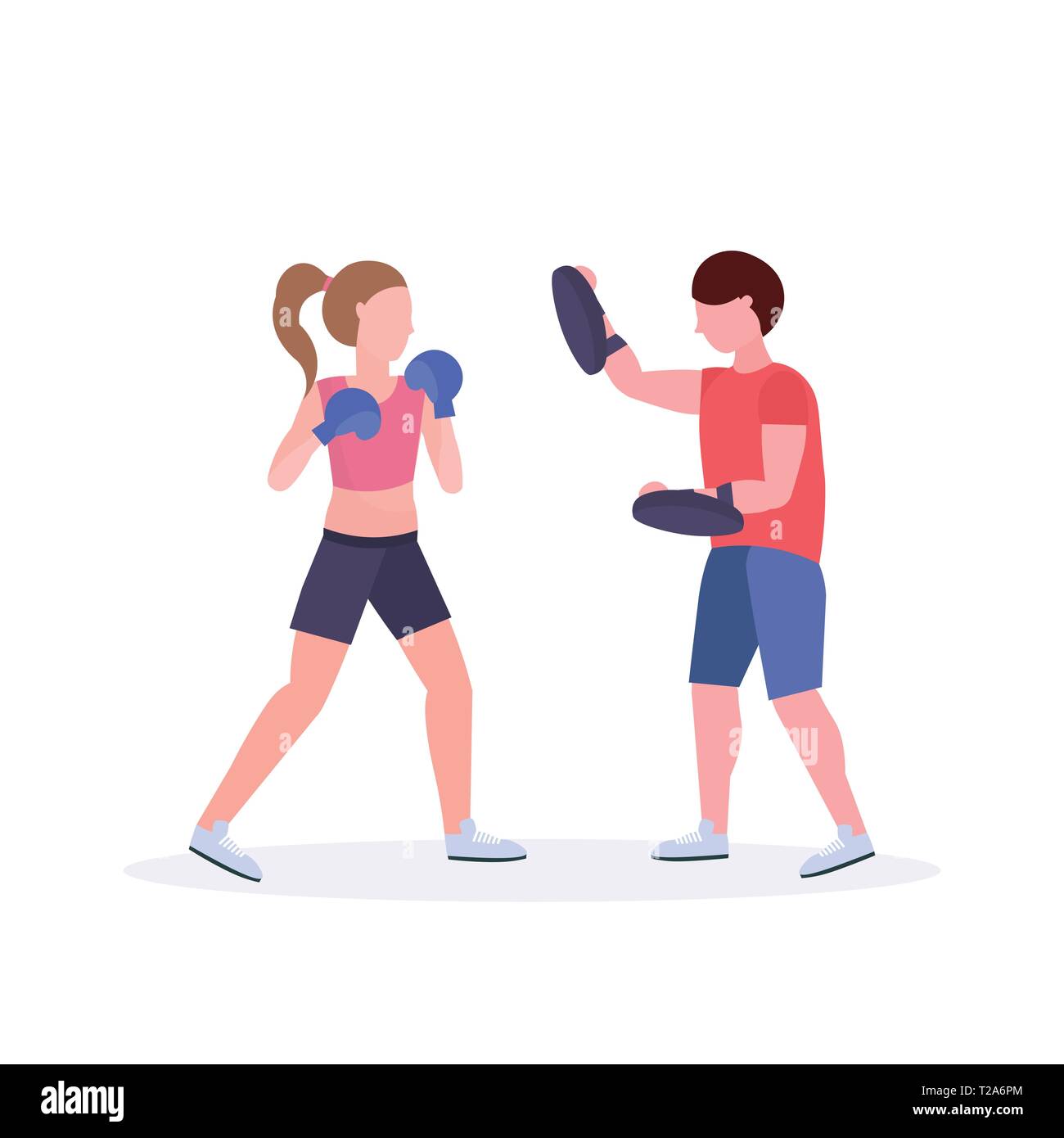 sportswoman boxer exercising thai boxing with male trainer woman fighter in blue gloves practicing at the fight club healthy lifestyle concept flat Stock Vector