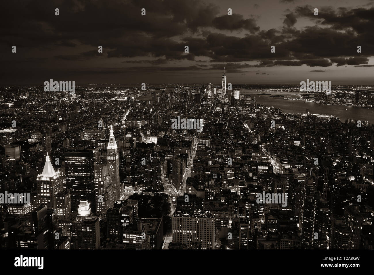 New York City downtown skyline view at night Stock Photo - Alamy