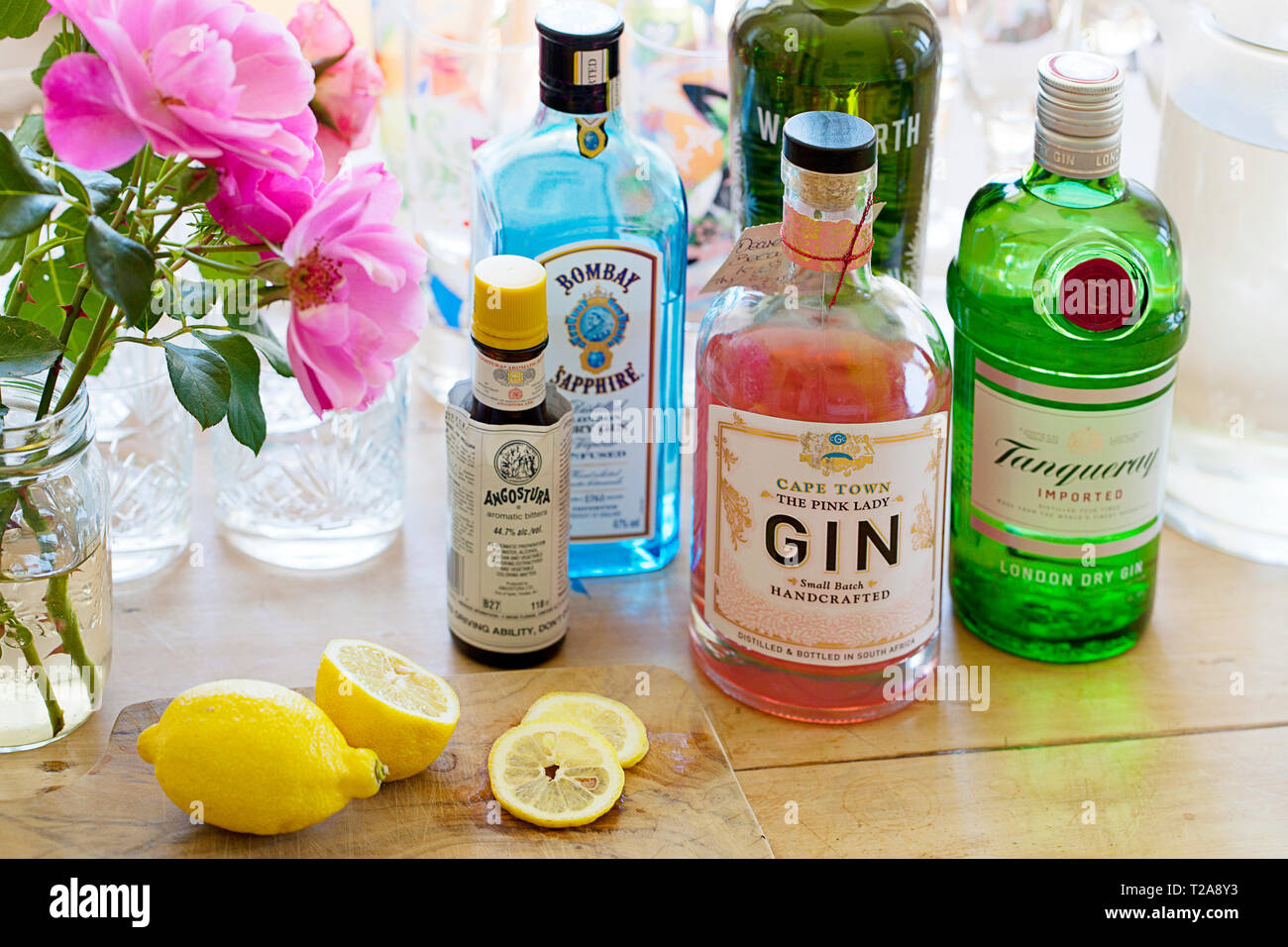 Selection of gins, lemons and pink petaled roses Stock Photo
