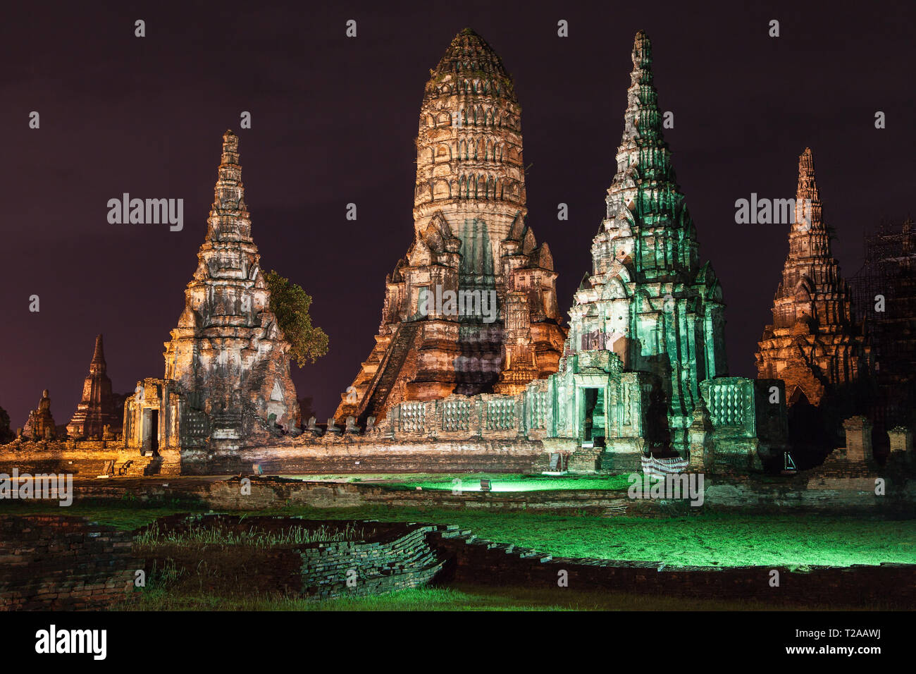 Ruins of Wat Chaiwatthanaram at night in Ayutthaya, Thailand. Stock Photo