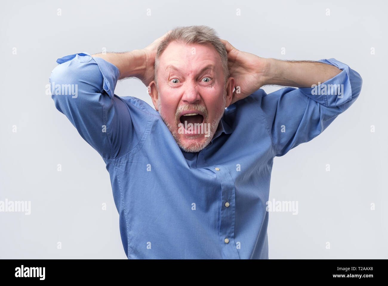 Senior man in blue shirt with angry grimace on his face,with mouth opened in shout, ready to argue. Studio shoot. Negative human emotion. Stock Photo