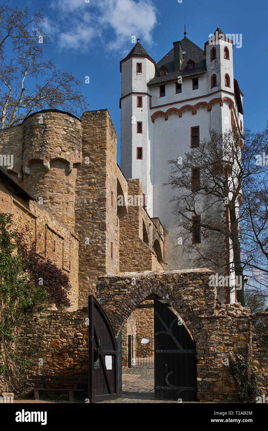 Eltville, Germany - March 31, 2019: View at castle Eltville near river Rhein at the famous wine growing area Rheingau, Germany. Stock Photo