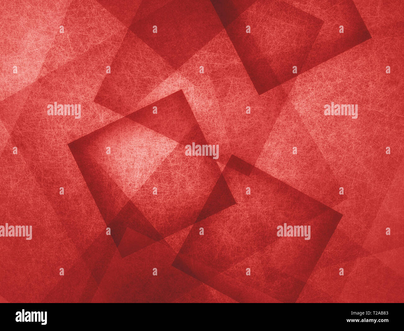 abstract red background with geometric design, layers of intersecting angles, transparent rectangles diamonds and squares floating in random pattern Stock Photo