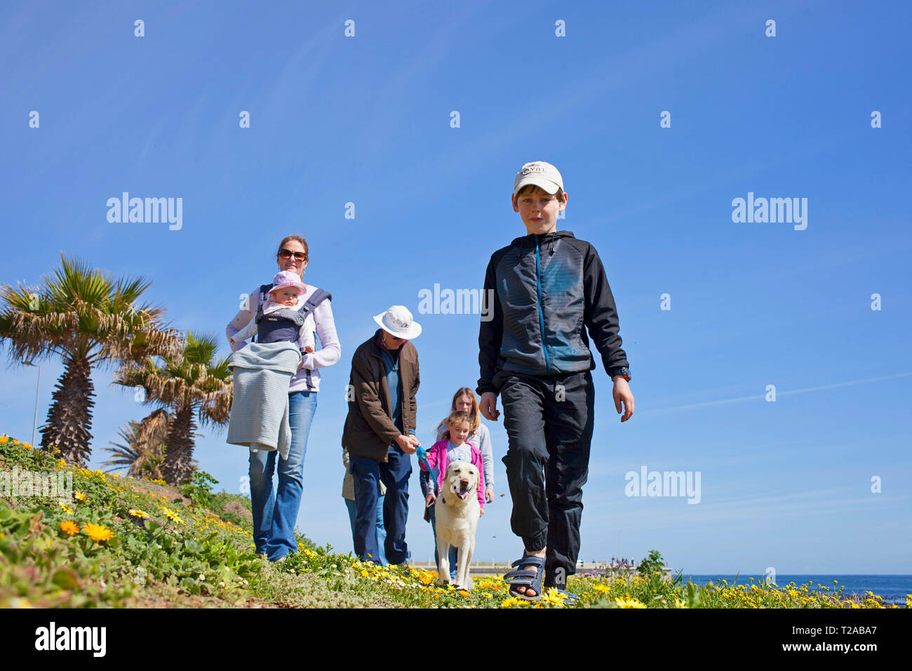 A family and their dog walking along the promenade, Sea Point, Cape Town. Stock Photo