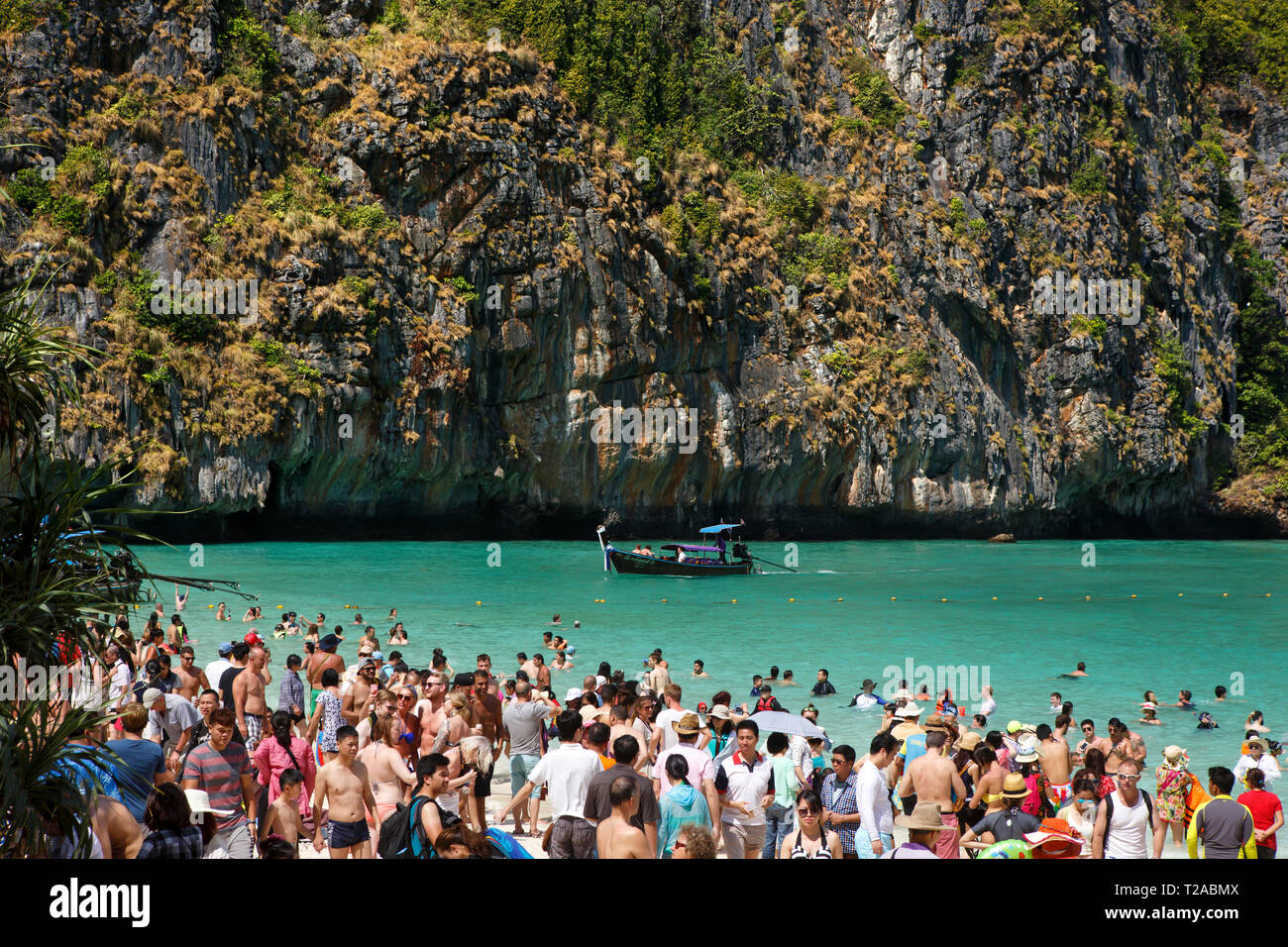 MAYA BAY - Tourists on the beach at Ko Phi Phi Lee. The location was used in the movie the Beach starring Leonardo di Caprio. Stock Photo