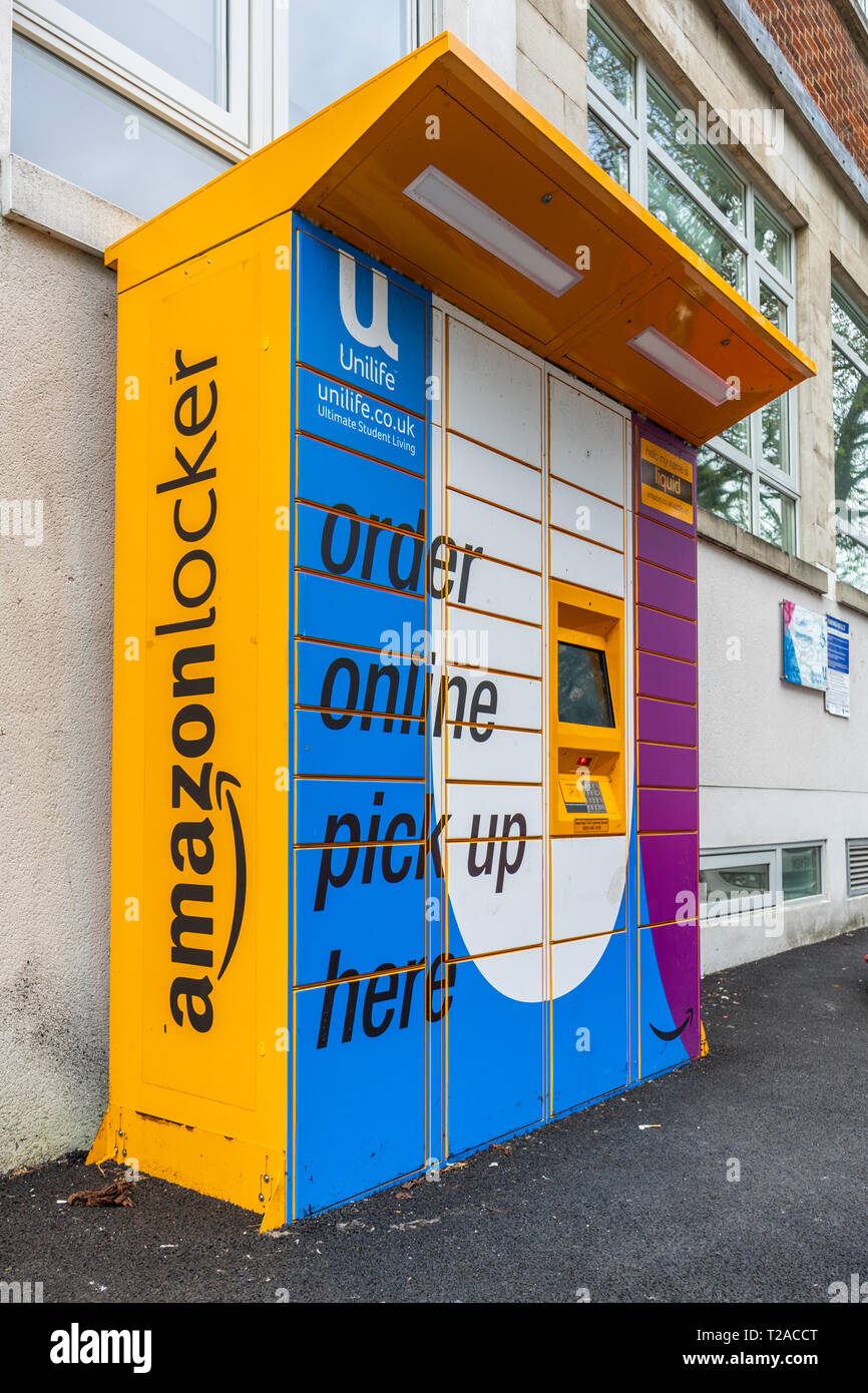 A colourful Amazon locker unit located outside in a public place in Southampton, England, UK Stock Photo
