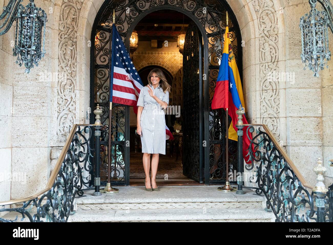 U.S First Lady Melania Trump waves goodbye to Fabiana Rosales de Guaido, interim First Lady of Venezuela at Mar-a-Lago March 28, 2019 in Palm Beach, Florida. Stock Photo