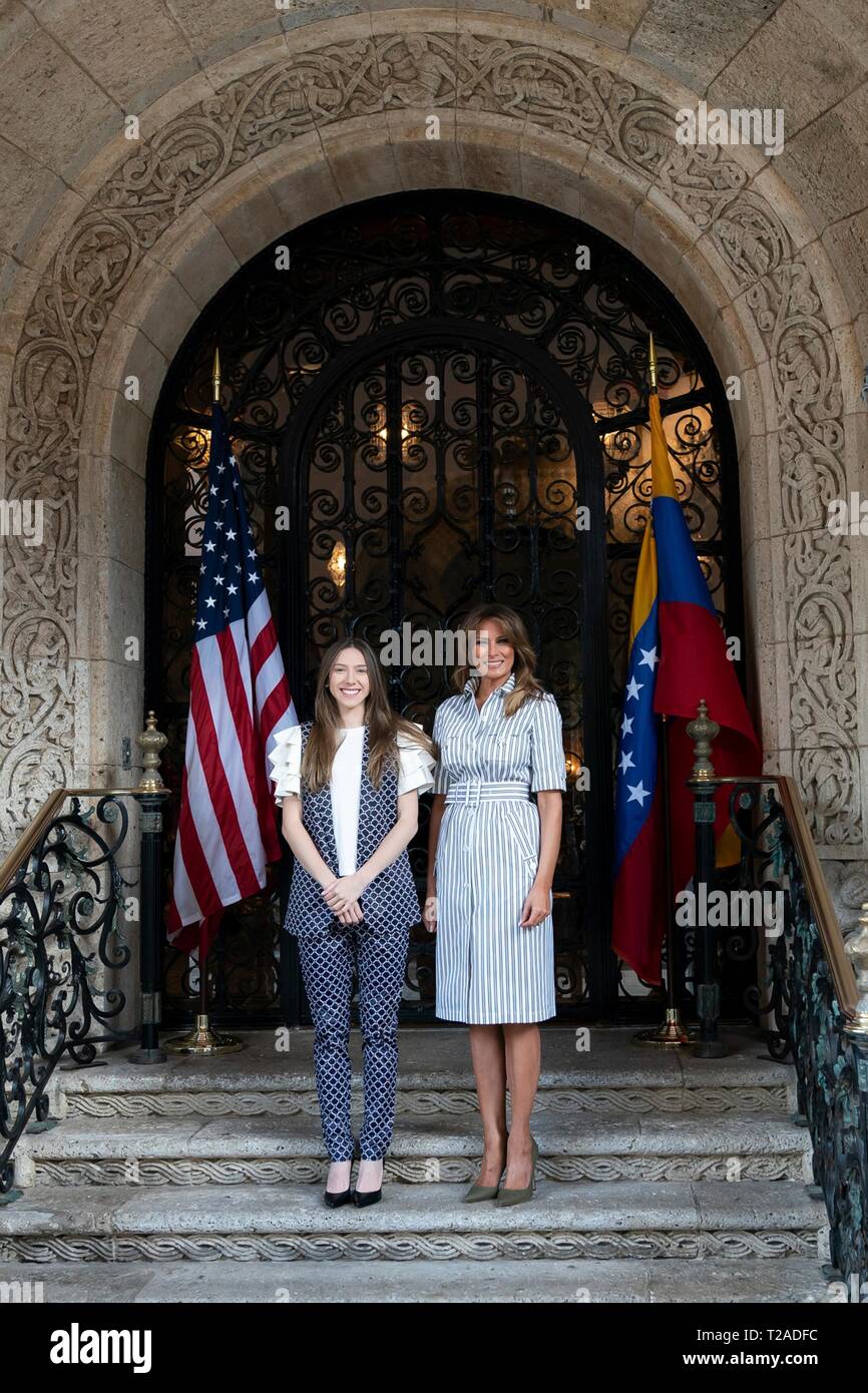 U.S First Lady Melania Trump stands with Venezuelan interim first lady Fabiana Rosales de Guaido, at Mar-a-Lago March 28, 2019 in Palm Beach, Florida. Stock Photo