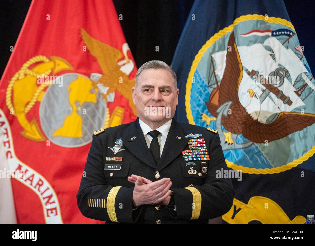 U.S. Army Chief of Staff Gen. Mark A. Milley during the retirement ceremony for the commander of U.S. Central Command, General Joseph L. Votel, at Macdill Air Force Base March 29, 2019 in Tampa, Florida. Votel retired after 39 years of military service. Stock Photo