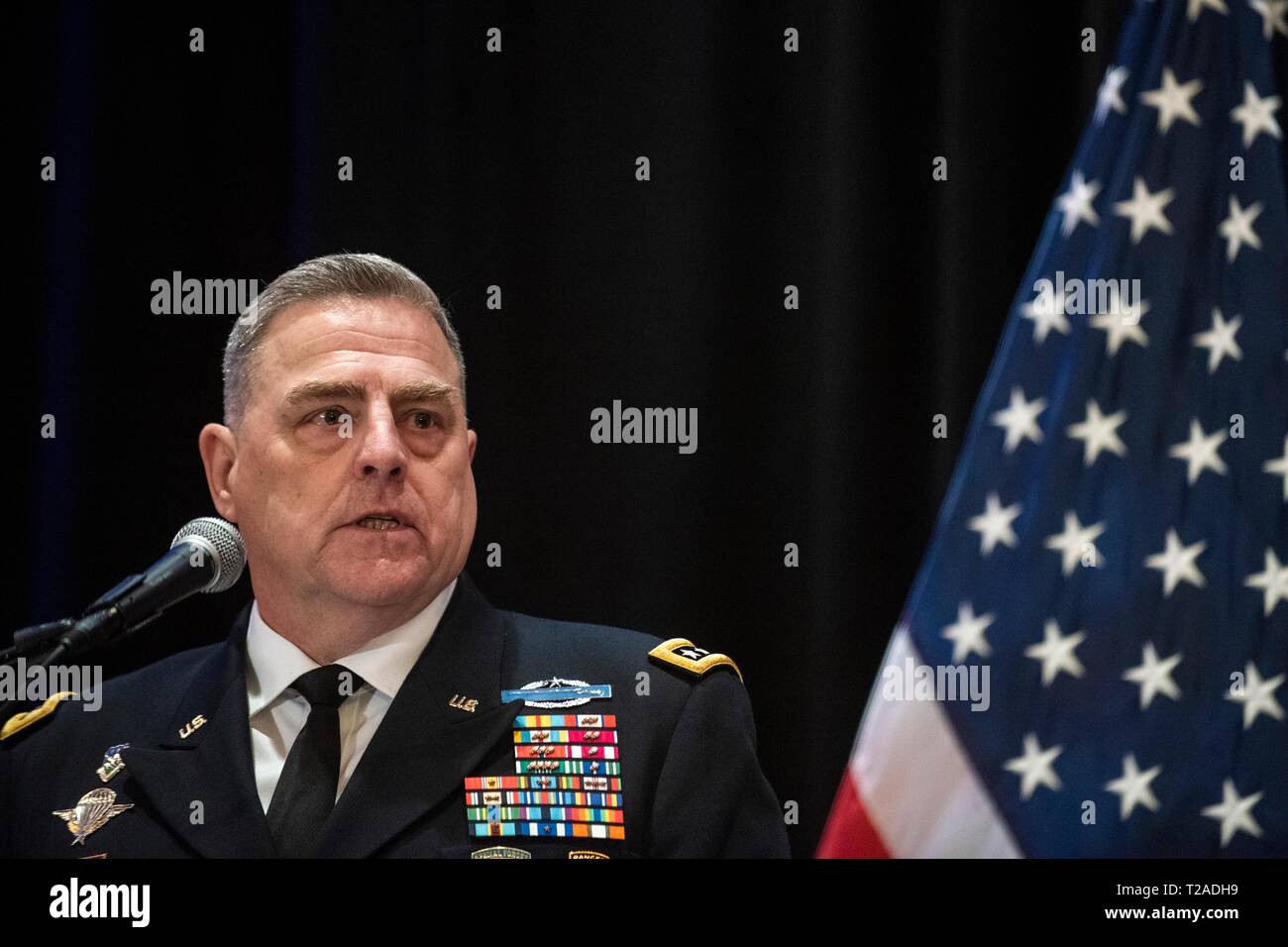 U.S. Army Chief of Staff Gen. Mark A. Milley speaks during the retirement ceremony for the commander of U.S. Central Command, General Joseph L. Votel, at Macdill Air Force Base March 29, 2019 in Tampa, Florida. Votel retired after 39 years of military service. Stock Photo